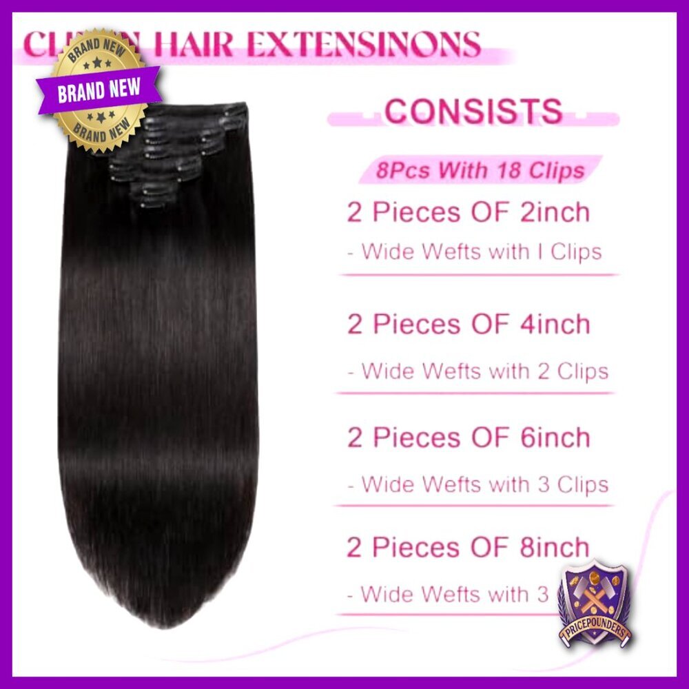 Real Human Hair Clip-In Extensions 20 Inch Straight Seamless 8pc Double Weft - Picture 2 of 6
